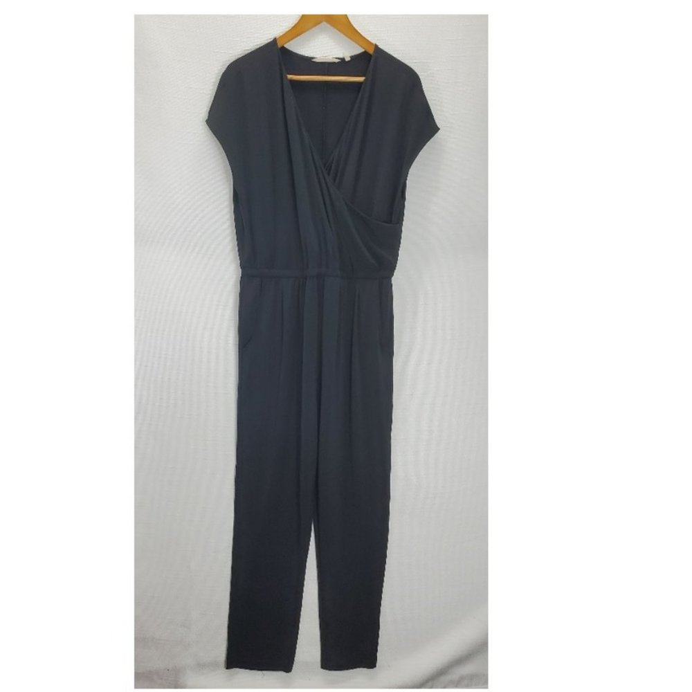 Soft Surroundings Jumpsuit Womens L Black Short Sleeve Pockets V-Neck